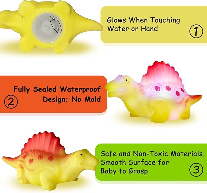 Light Up Bath Toys,6 Packs Floating Dinosaur Bathtub Toys for Toddlers,No Hole Baby Bath Toys for Kids,Great Birthday Christmas Easter for Boy and Girl Preschool