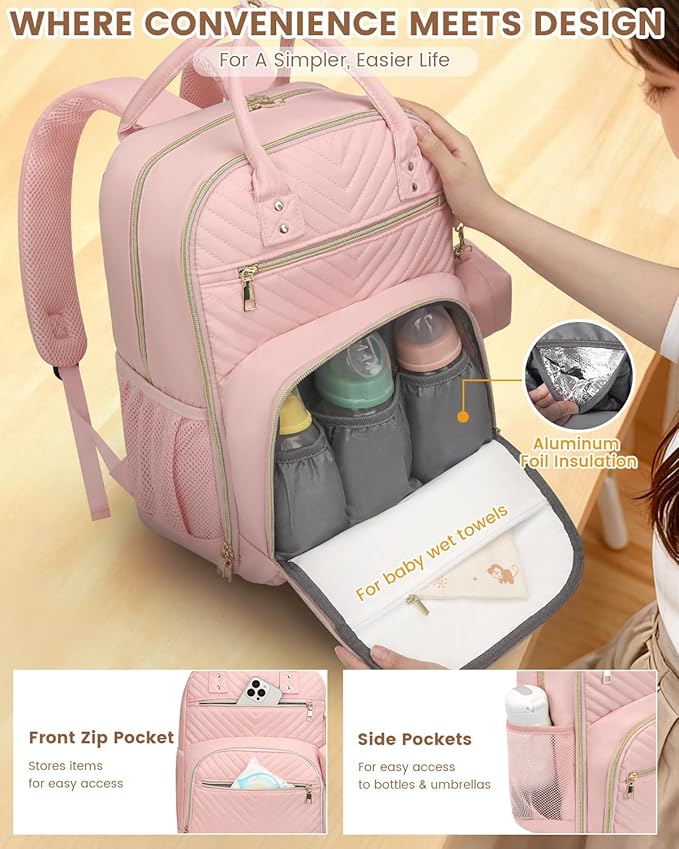 Pritent Diaper Bag Backpack,Baby Essentials Diapers Bag with Pacifier Case,Multipurpose Stylish Large Capacity Travel Backpack for Baby Girl/Boy(L-Pink)