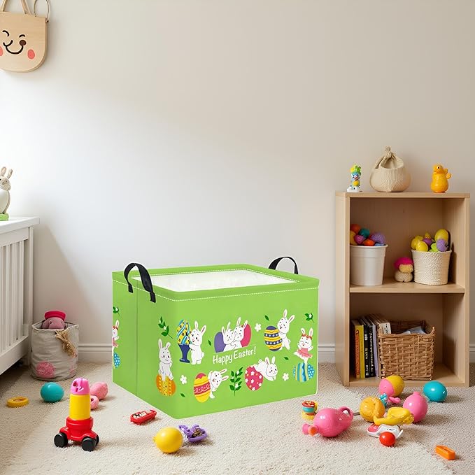 TIBAOLOVER Rectangular Easter Basket Easter Gift Basket for Kids Baby Storage Basket Cute Toy Storage Bin Organizer Shelf Book Basket Easter Room Decor(Green Easter Basket)
