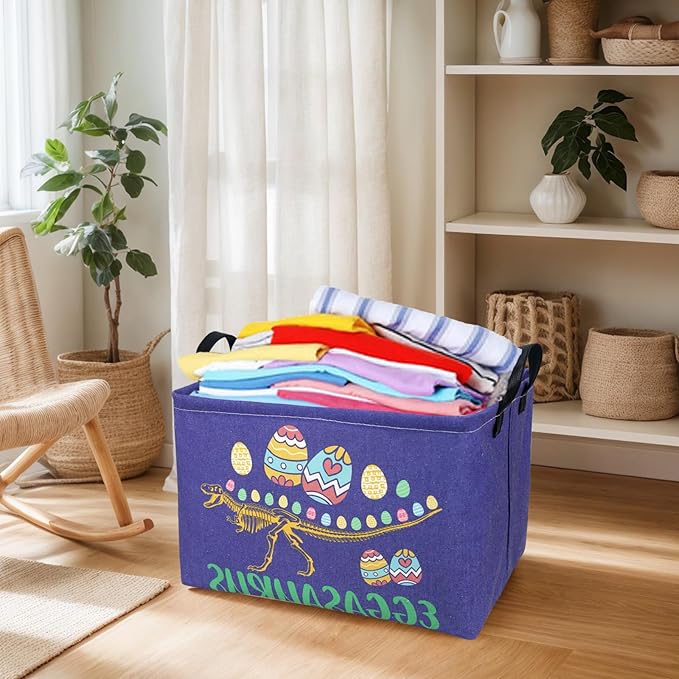 ASKETAM Dinosaur Easter Basket for Kid Large Empty Baby Rectangular Cute Easter Gift Bunny Eggs Décor Storage Basket (Skeleton Dinosaur)