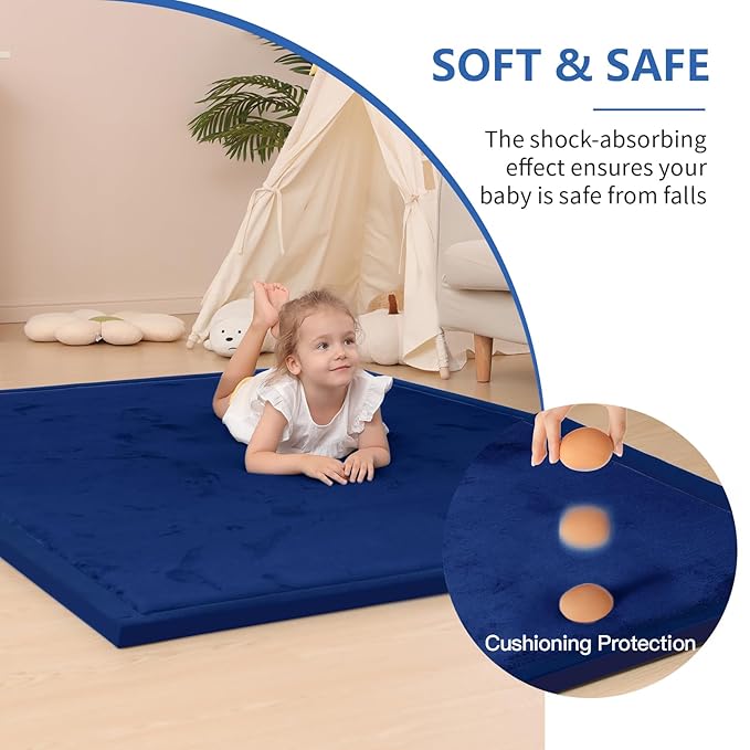 Huloo Sleep Ultra Soft Baby Play Mat for Floor,1.3" Thick Elasti-Foam 47x47 Play Mat for Playpen,Water-Repellent Coral Velvet for Tummy Time, Non-Slip Backing Safe for Toddlers & Infants（Dark Blue）