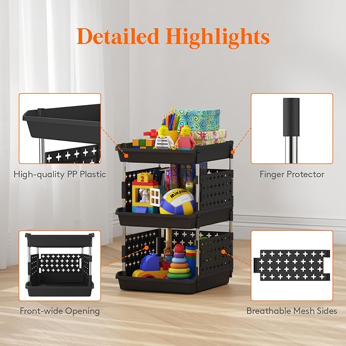 Lifewit Plastic Stackable Storage Baskets, 3 Tier Stacking Bins for Food and Clothes, Multifunctional Organizer for RV, Kitchen, Playroom, Pantry, Black, 35 x 30 x 50 cm/14 x 12 x 20 inch, 2 Pack