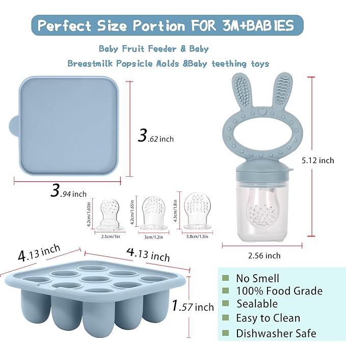 Baby Breastmilk Popsicle Molds & Baby Fruit Feeder (3 Pack), Baby Food Freezer Tray Storage Containers, Silicone Teething Pacifier Feeder and Teether for Babies,Baby Feeder - Green
