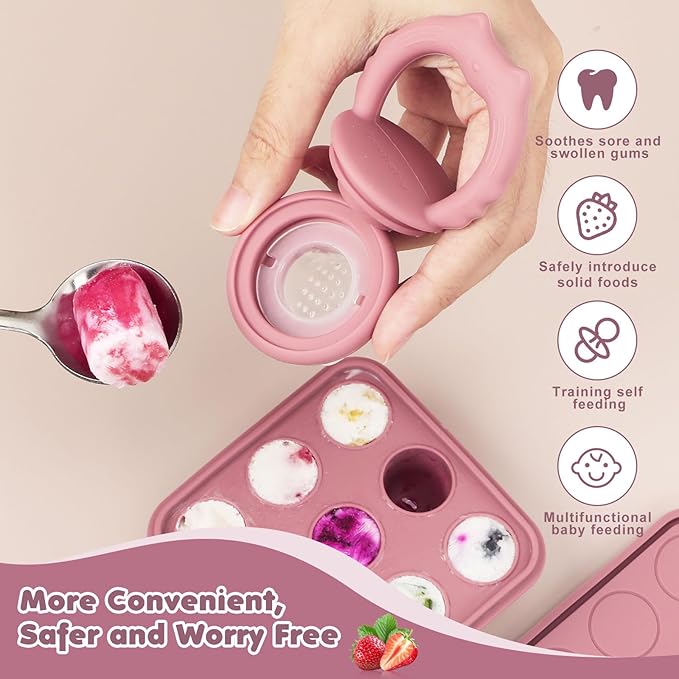 Baby Fruit Food Feeder Breastmilk Popsicle Molds, Silicone Food Freezer Tray for Cooling Teething Relief, Baby Food Feeder for Safe Infant Self Feeding, Includes 3 Extra Food Pacifier