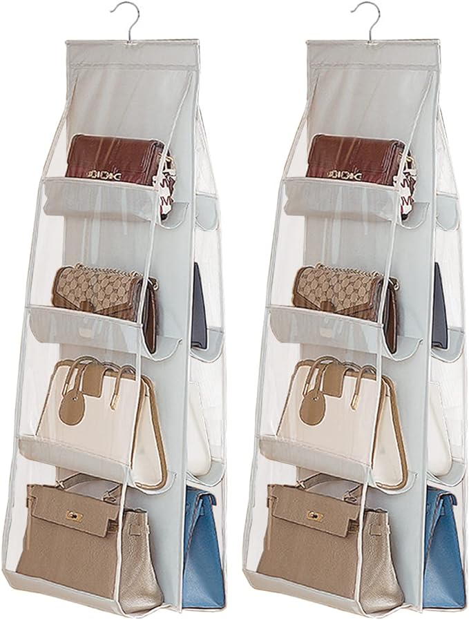 AARAINBOW 2 Packs Hanging Handbag Purse Organizer for Closet, 8 Pockets Space Saving Purse Storage Organizers, Wardrobe Bag Organizer Pocketbook Organizer, 45.7 L x 14.1W (2 Light Gray)