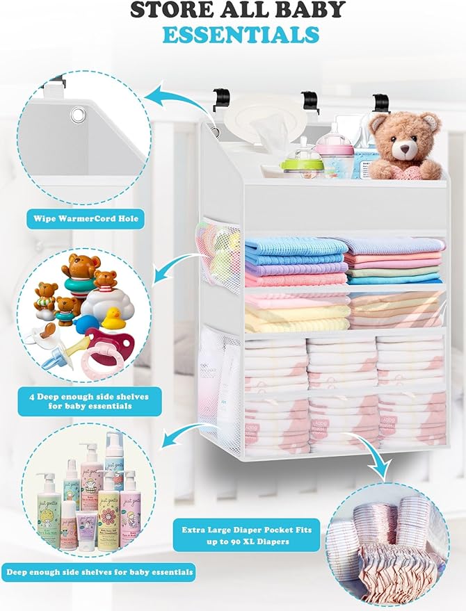Hanging Diaper Caddy Organizer Crib Organizer–Spacious Baby Girl/Boy Nursery Organizer for Changing Table, Playpen/Wall- Hold 90+ Diaper (White)