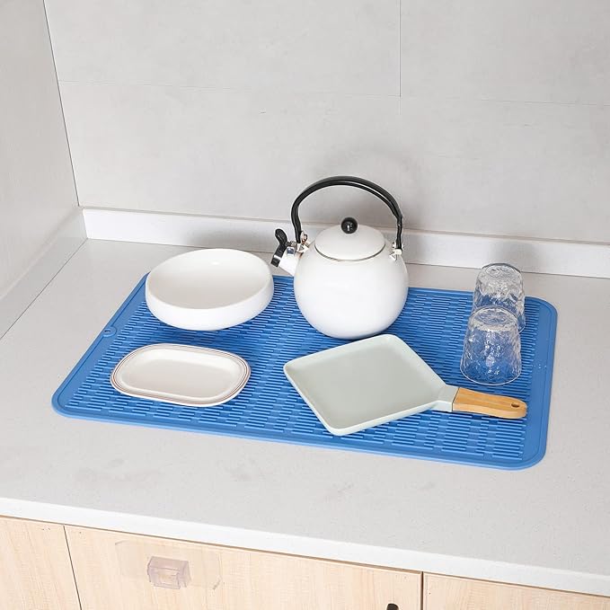 MicoYang Silicone Dish Drying Mat for Multiple Usage,Easy clean,Eco-friendly,Heat-resistant Silicone Mat for Kitchen Counter or Sink,Refrigerator or Drawer Liner Lichen BlueL 3XL 28 inches x 18 inches