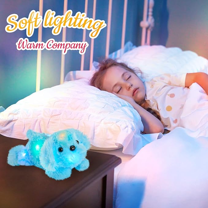 WEWILL 10'' Light up Blue Puppy Dog LED Stuffed Animal with Colorful Night Light Glow Soft Plush Toy Gifts for Kids on Christmas Birthday