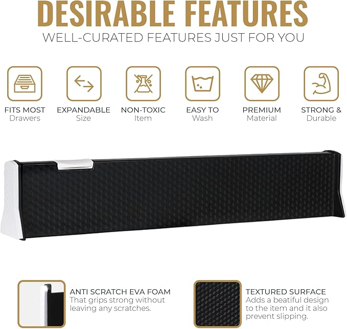 RAPTUROUS Adjustable Drawer Dividers 8 Pack, 2.5" High, 13-22" Long, Dresser Drawer Organizer for Bedroom, Closet, Kitchen, Nursery, Office, Strong Hold, Soft Foam Edges, Black