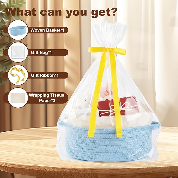 OIAHOMY Gift Basket with Handle, Small Woven Basket with Gift Bag, Ribbon and Wrap Tissue Paper, Nursery Bins Empty to Fill with Small Items, Baby, Pet Toy Organizer - Blue