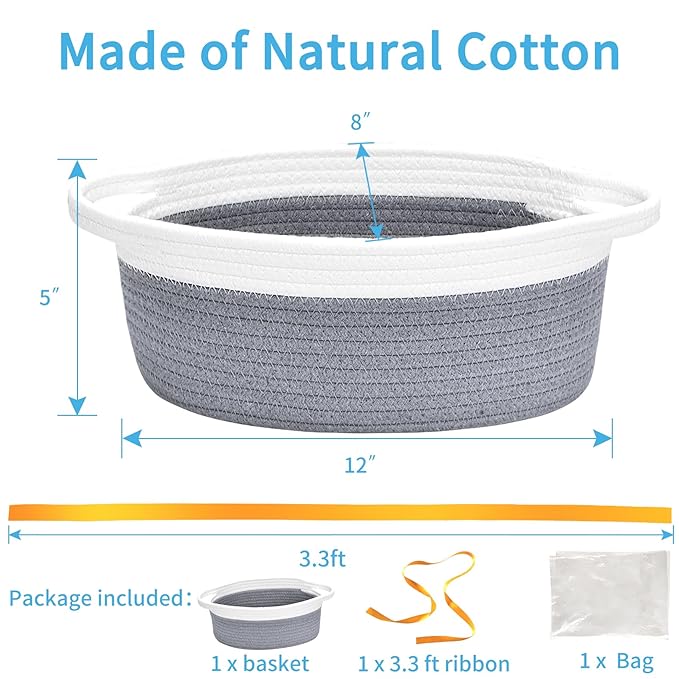 ABenkle Small Basket with Gift Bags and Ribbons, Empty Gift Baskets for Mother's Day, Decorative Boho Rope Woven Nursery Storage Organizer Toy Baskets with Handle for Baby Showers, 12"X 8" X 5"