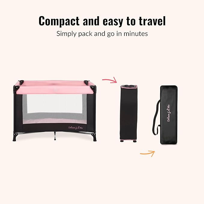 Dream On Me Nest Portable Playard , Award-Winning Lightweight Travel Playpen for Baby. Quick Fold, Mesh Sides, Foldable Mattress Pad, No-Tool Assembly, Meets ASTM/CPSC Standards -Pink