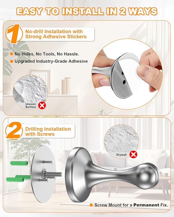 Crosize Magnetic Door Stoppers 6 Pack, Stainless Steel Door Stops for Wall and Floor Mounting, Door Holder Keep Door Open, No Drilling Door Stop with 3D Adhesive Tapes, Silver