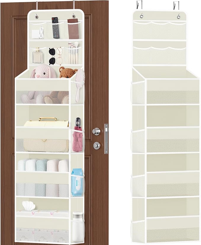 6-Tier Over The Door Organizer with Mesh Pockets, Baby Nursery Storage for Closet, Bathroom and Bedroom, Adjustable Hanging Closet Organizer for Cosmetics, Books and Essentials（Beige）