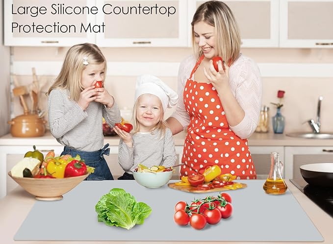 Extra Large Silicone Mat, Food-Grade Flexible Silicone Table Mats for Kids Non-Slip Placemat Waterproof Heat Insulation Countertop Protector Pastry Mat Silicone Pad, 27.6''x19.7'' Gray, 1Pcs