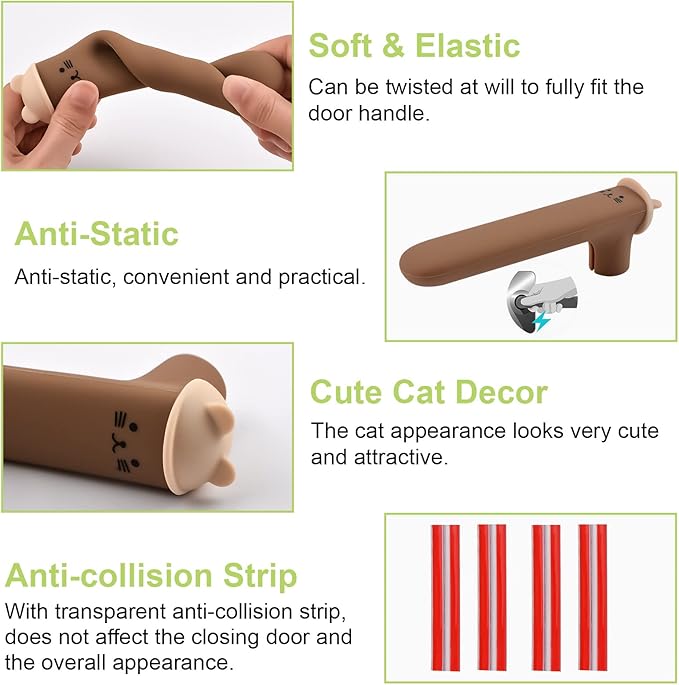 Door Handle Covers, 2Pcs Brown Silicone Door Handle Glove Covers Cat Pattern Door Knob Covers Anti-Static Safety Door Knob Protector with Clear Anti-Collision Adhesive Strip