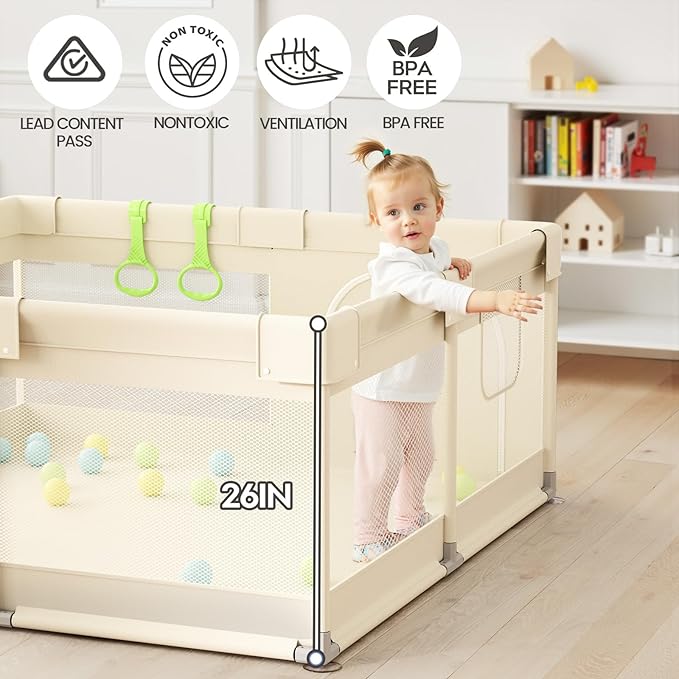Uanlauo Beige Small Baby Playpen - 47x47in Playpen for Babies and Toddlers, Safe Indoor Play Pen, Baby Pen with Storage Bag and Breathable Mesh