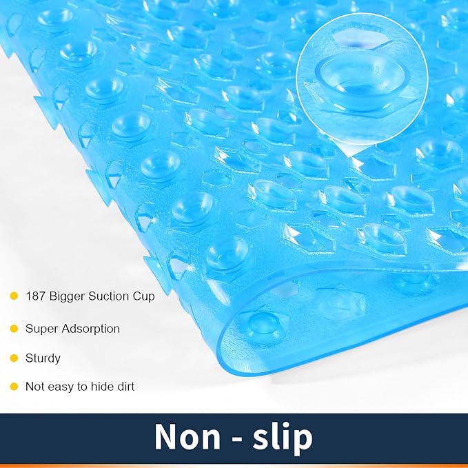Yimobra Bath Tub Mat Non Slip, 34.5"x15.5" Long Shower Mat, Machine Washable Bathmat with Drain Holes and Suction Cups, Soft on Feet, Bathroom Essentials, Clear Blue