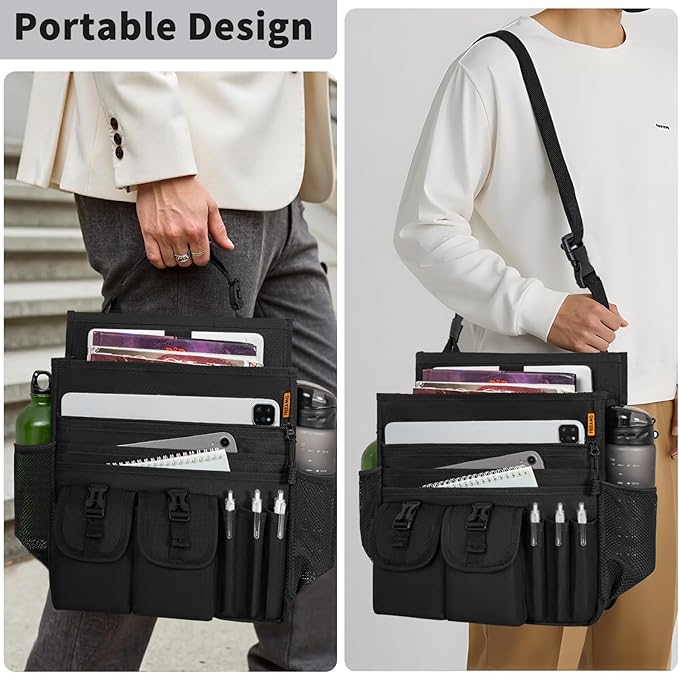 FREEAMG Car Front Seat Organizer Backseat Organizer with Dedicated Tablet Laptop Storage Adjustable Shoulder Strap Cup Holder Truck Seat Storage Universal fits for Most of Car