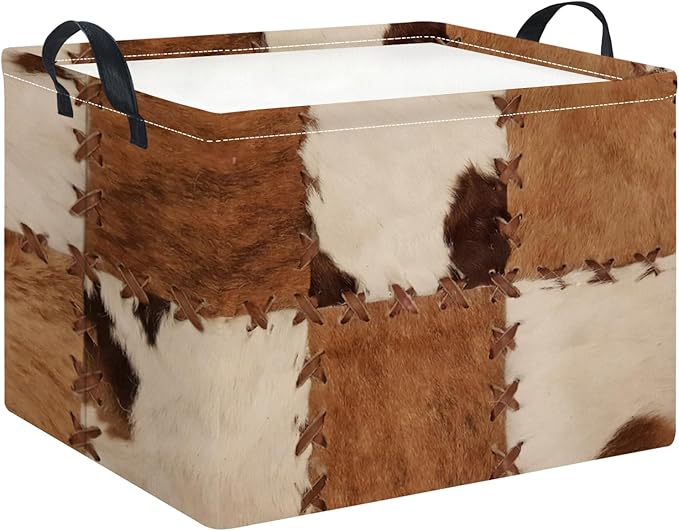 HKEC Rectangle Storage Basket with Handles,Collapsible Storage Bin,Books Box,Gift Basket(Cow Print)
