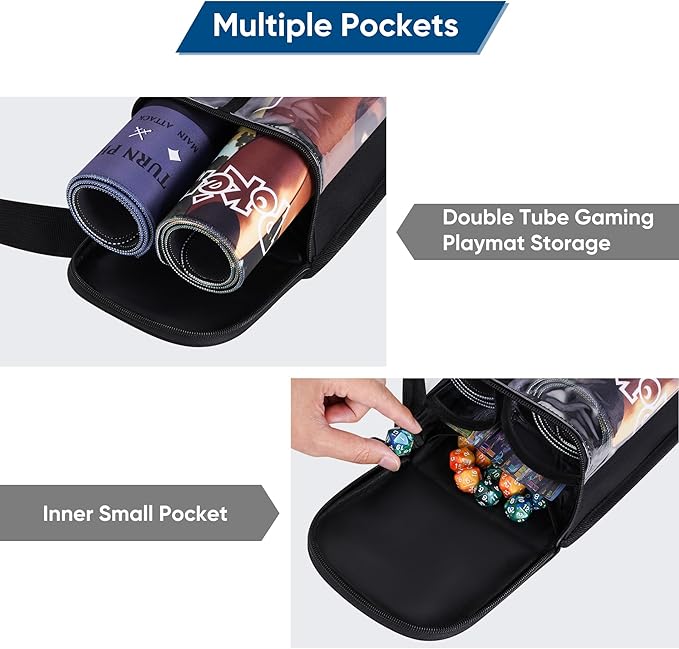 Speqerk Playmat Tube Fits 14'' or 15'' 2 pcs Playmats, Playmat Case Compatible with TCG/MTG Playmats, Playmat Storage Bag Equipped with SeeThrough Window, Hidden Pocket and Adjustable Shoulder Strap