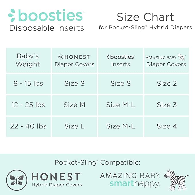 Overnight Diaper Leak Stopper, Super Boosties Disposable Inserts, Use with Pampers Sizes 4-6, Honest Hybrid Diaper Cover Sz Medium/Large, Amazing Baby Cover Sz 3/4, 4.3x13 in, 30 Count