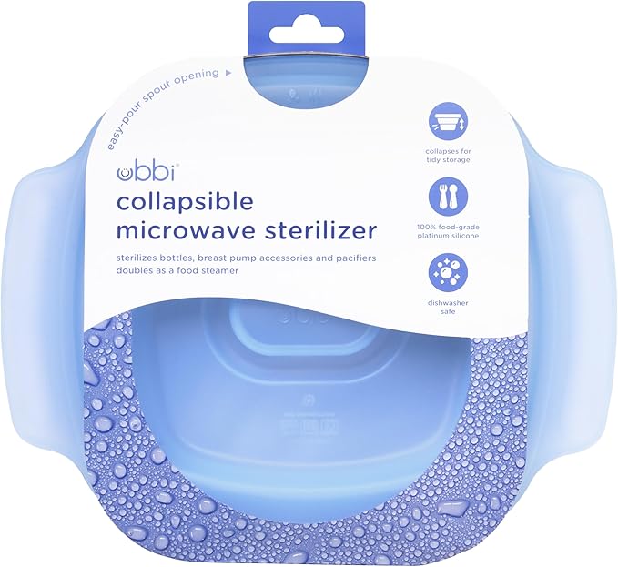 Ubbi Collapsible Microwave Steam Sterilizer for Baby Bottles, Breast Pump Accessories & Pacifiers, Reusable Silicone Steam Bag for Travel or Home Use, Fits Up to 5 Baby Bottles, Blue