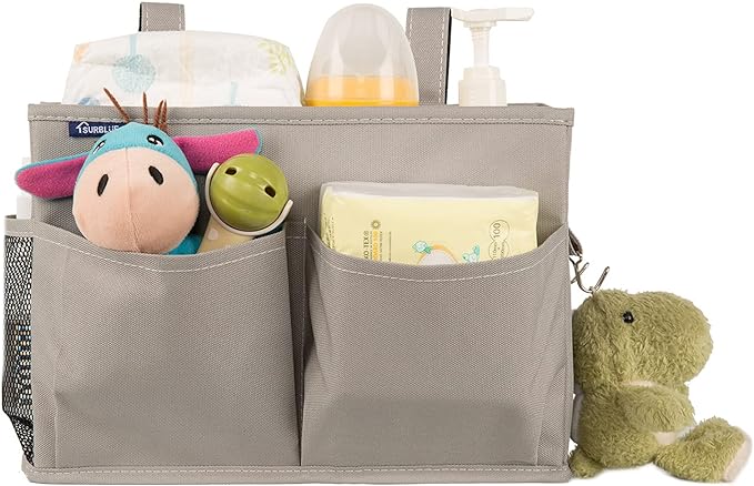 Surblue Bedside Caddy Hanging Bed Organizer Storage Bag Pocket for Bunk and Hospital Beds, College Dorm Rooms Baby Bed Rails,Camp 4 Pockets and 2 Hooks (Gray)