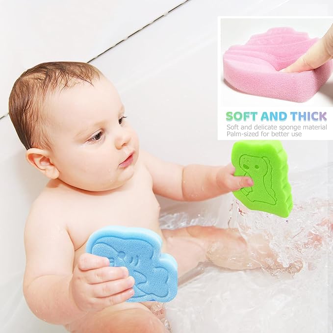 DANCELF Baby Bath Sponge, Natural Cute Shapes Soft Shower Sponges for Bathing, Bathtub Foam for Infants and Toddler, 3pcs : Blue Whale, Pink Ship, Green Dinosaur