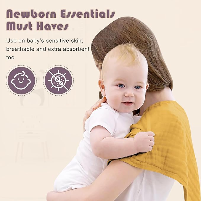 Ease Cubs Muslin Burp Cloths Large 100% Cotton Hand Washcloths for Boys & Girls, Baby Essentials Extra Absorbent and Soft Burping Rags for Newborn Registry (Honey, 12-Pack, 20" X10")