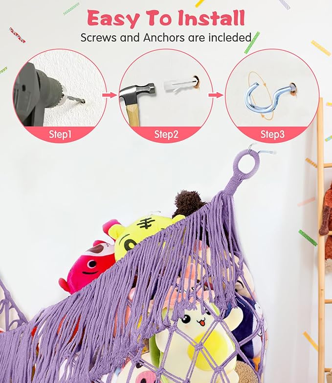 Stuffed Animal Hammock - Extra Large 56'' Long, Stuffed Animal Storage, stuffed animal Holder net, Hammock Large, Storage Hanging Organizer - Lavender