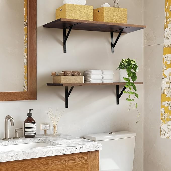 Heavy Duty Long Wall Shelves Set of 2, Floating Shelves Wall Mounted with Industrial Brackets, 40lbs Capacity Shelves for Laundry Room, Kitchen, Bathroom, Living Room (24"*8",Rustic Brown)