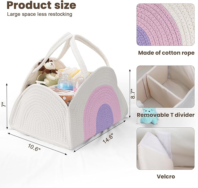 JMBNH Baby Diaper Caddy- With Removable Dividers, Nursery Storage Bin and Car Organizer,Boy & Girl Shower Gift Basket,Portable Organizer,Nursery Essentials-Rainbow Purple