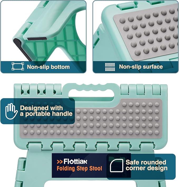Flottian 16" Folding Step Stool for Adults and Kids Holds Up to 300 lbs,Non-Slip Folding Stools with Handle, Compact Plastic Foldable Step Stool for Bathroom,Bedroom, Kitchen, Teal,1PC