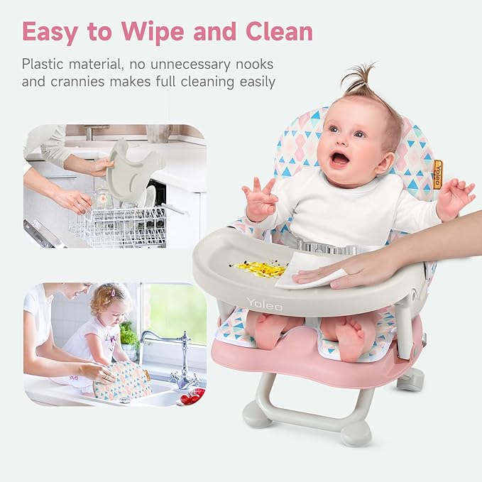 YOLEO Baby High Chair Booster Seat for Dining Table, Foldable High Chairs with Adjustable Heights, Travel Booster Seat with Removable Tray