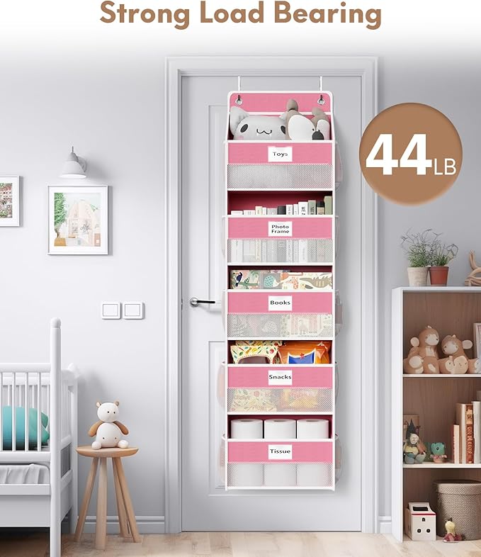 Over The Door Organizer Hanging, 2 Pack 5 Shelf Behind The Doors Storage, Pantry Door Organizer, Closet Organizers for Bedroom and Nursery (Pink)