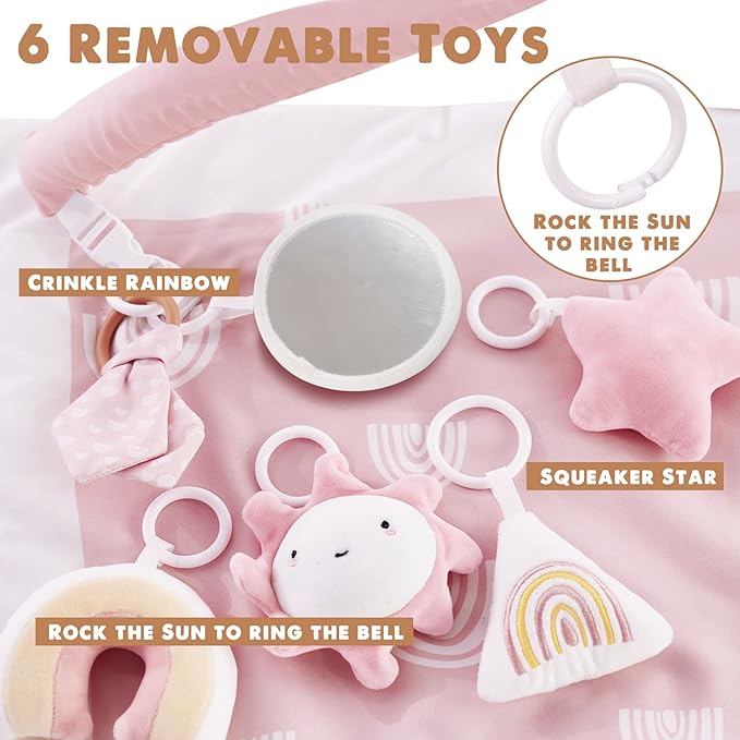 Washable Tummy Time Mat, Baby Play Gym with 6 Featured Toys, Baby Gym for Infant & Toddler, Larger Baby Play Mat, Deluxe Baby Play Mats for Floor, Sensory and Motor Skill Development, Non Slip, Pink