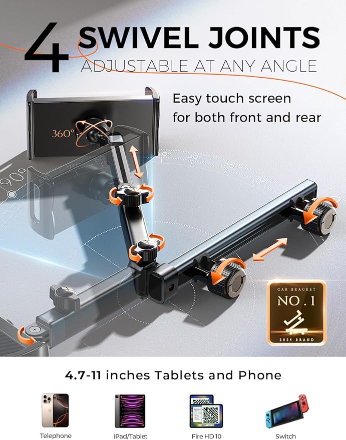 LISEN for iPad Holder Car Mount Road Trip Essentials Activities for Kids Gifts, Car Accessories for Women Interior, 3 in 1 Tablet Holder Backseat Camping Car Organizer Back Seat Headrest iPad Mount