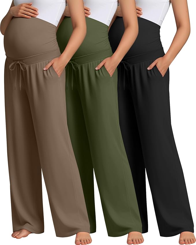 3 Pcs Maternity Sweatpants Over The Belly Pregnancy Straight Wide Leg Elastic Drawstring Pants Joggers with Pockets