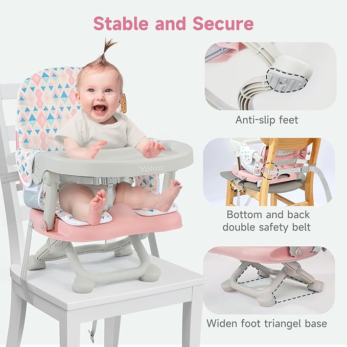 YOLEO Baby High Chair Booster Seat for Dining Table, Foldable High Chairs with Adjustable Heights, Travel Booster Seat with Removable Tray