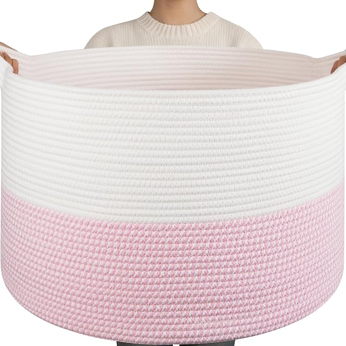 OIAHOMY 115L Extra Large Blanket Basket for Living Room, 23.6" x 15.4" Woven Cotton Rope Laundry Basket for Organizing Pillows, Decorative Stuffed Animal Toy Storage for Nursery, White and Pink
