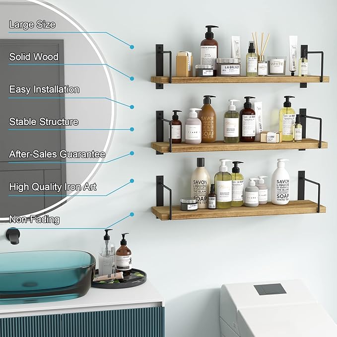 Floating Shelves, 24 Inches, Easy to Install, Wall Mounted, Set of 3, Rustic Wood for Décor, Storage for Living Room, Bathroom, Bedroom