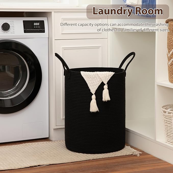 OIAHOMY Large Laundry Basket Hamper - 60L Cotton Rope Woven Basket for Blankets, Toys, Clothes - Tall Decorative Nursery Hamper with Long Handles, Black