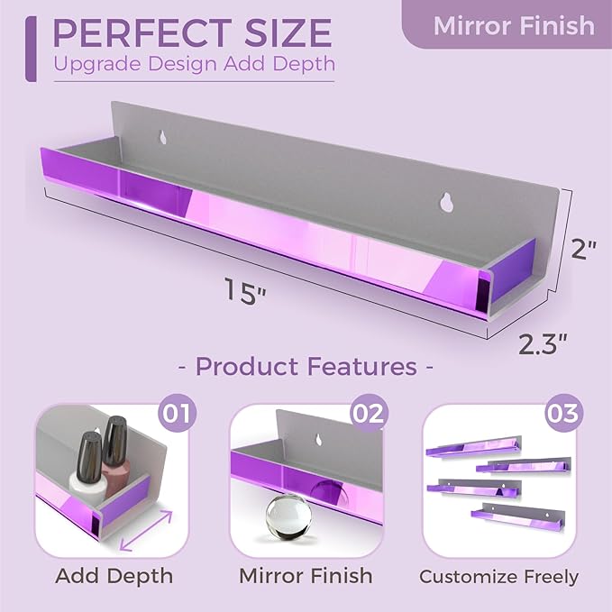 RORKIM 4 Pack 15 Inch Purple Reflective Acrylic Shelves, Purple Floating Shelves, Modern Sunglasses Essential Oil Picture Ledge Display Toy Storage Shelf