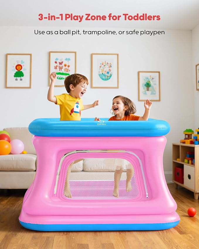 QPAU 3-in-1 Inflatable Bounce House for Toddlers 1-3, Ball Pit & Trampoline, Inflatable Bouncy House with Safety Net, Indoor & Outdoor Bubble Bouncer Baby Play Yard（Blue & Pink）