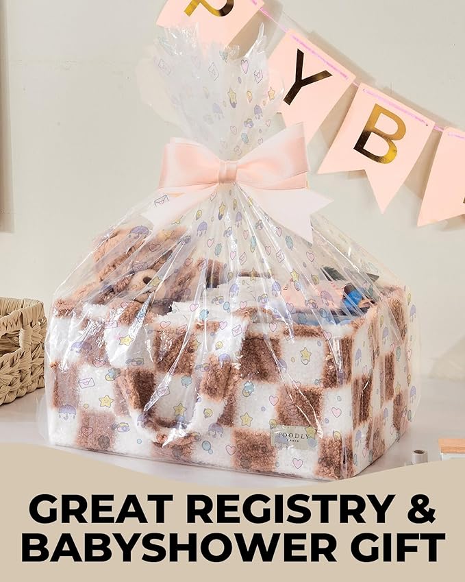 Toodly Checkered Diaper Caddy Organizer with Portable Changing Mat - Teddy Fleece Diaper Organizer for Changing Table - Caddy Organizer with Removable Dividers - Light Taupe and White