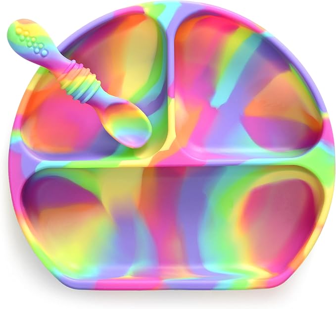 PrimaStella Unbreakable Silicone Non-Slip Baby & Toddler Plate and Spoon Feeding Set - Rainbow Swirl