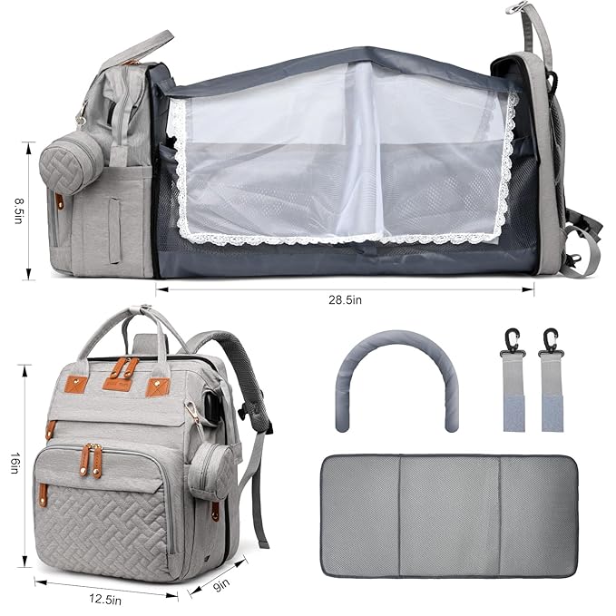 JKJRJJ Diaper Bag Backpack with Changing Station, Large Diaper Bag For Boys And Girls, Multifunctional Waterproof Travel Diaper Backpack, Baby Bag with USB Charging Port for Moms Dads, grey