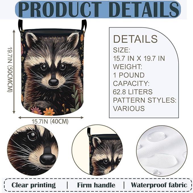 Raccoon Laundry Basket Hamper 19.7"x15.8", Cute Animal Foldable Waterproof Oxford Clothes Storage Bucket for Room Bathroom Bedroom Nursery Decor, Toy Organizer Bins Gifts for Kids Boys Girls