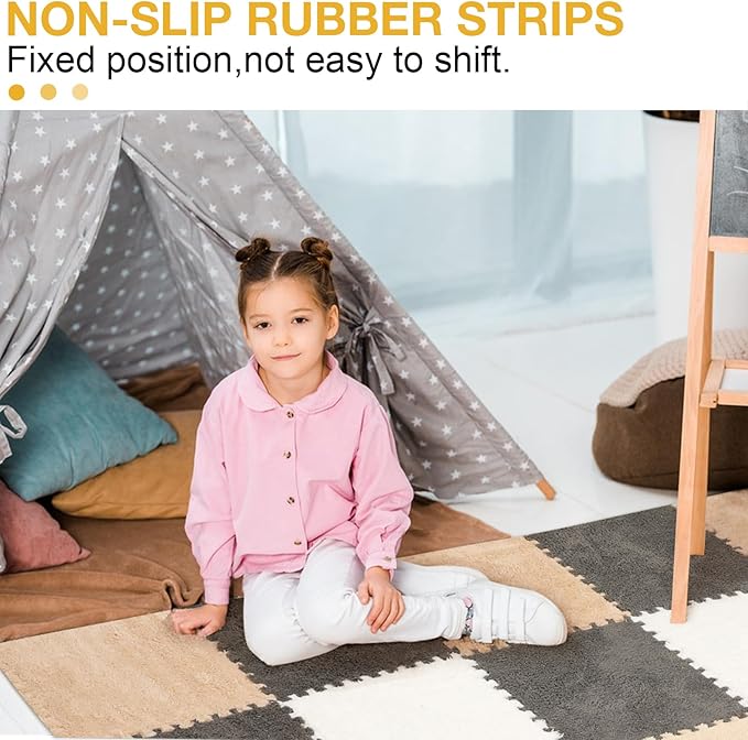 12 Pcs Plush Interlocking Carpet Tiles, Non-Toxic Foam Carpet Tiles for Toddler Baby, Anti-Slip, EVA Foam Interlocking Tiles for Floor, Nursery, Grey White Light Brown